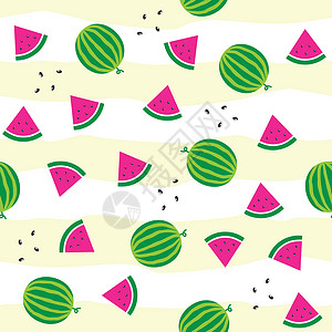 浅色条纹带有种子和切片的甜西瓜在带有白色和黄色条纹的浅色背景上无缝图案 不明飞行物绿色和塑料粉红色 夏季清新多汁鲜艳的西瓜图案插画