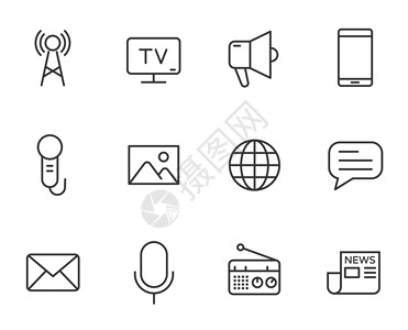 电视ui大众媒体大纲矢量图标设置隔离在白色背景 用于 web 和 ui 设计的媒体线图标 媒体经营理念插画