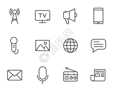 ui框大众媒体大纲矢量图标设置隔离在白色背景 用于 web 和 ui 设计的媒体线图标 媒体经营理念插画