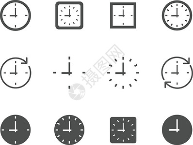 噼啪作响时间时钟拨号矢量图标集为 web 和 ui 设计 时间时钟方形和圆形表盘平面图标隔离在白色背景 时间就是金钱的经营理念 黑色和白插画