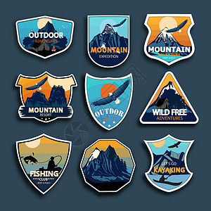 西堤公园一套9个山地旅行徽章 露营户外冒险徽章 徽章和标志补丁插画