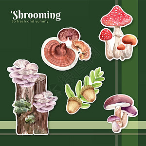 豉油鹅带有蘑菇和森林植物概念的粘贴板模板 水色风格推广水彩广告蔬菜季节营销收成标识林地植物学插画