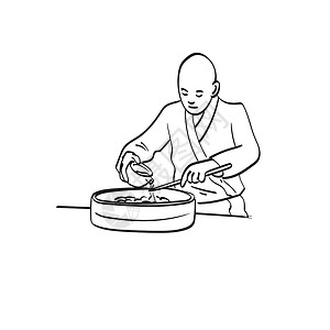 生鱼片男性厨师准备大米 使寿司插图矢量与白色背景线艺术隔离设计图片