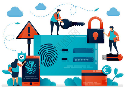 指纹锁详情页用户身份安全的指纹识别技术 手指触摸扫描仪应用程序可保护个人信息数据 用于保护支付的网络安全保护标识 指纹登录插画