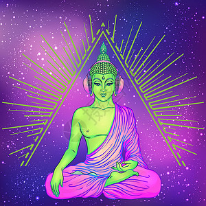 和平与爱 戴着彩虹眼镜的五颜六色的佛陀在耳机里听着音乐 矢量图 太阳镜上的嬉皮和平标志 迷幻的概念 佛教 恍惚音乐反战活力打碟机背景图片