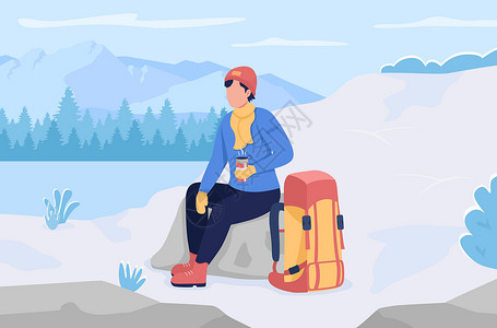 冬天徒步在冬季徒步旅行时休息 平板彩色矢量插图插画