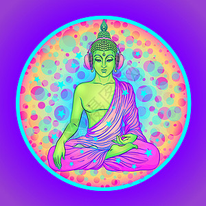 和平与爱 戴着彩虹眼镜的五颜六色的佛陀在耳机里听着音乐 矢量图 太阳镜上的嬉皮和平标志 迷幻的概念 佛教 恍惚音乐上帝冥想派对狂背景图片