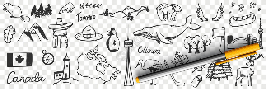 发酵手绘奶酪加拿大的符号和标志 涂鸦套苍鹭森林草图刻字插图野生动物旗帜艺术国家罗盘设计图片
