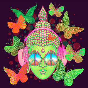 和平与爱 戴着彩虹眼镜的五颜六色的佛陀在耳机里听着音乐 矢量图 太阳镜上的嬉皮和平标志 迷幻的概念 佛教 恍惚音乐精神派对上帝活背景图片