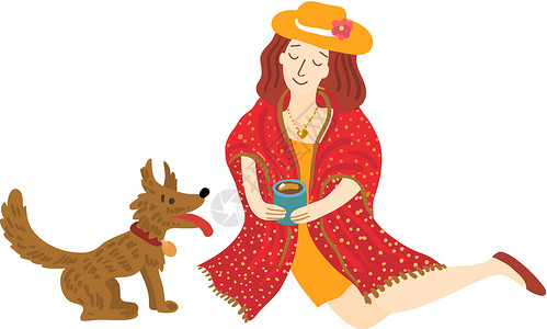 伴侣咖啡女人喝咖啡和跟狗玩耍插画
