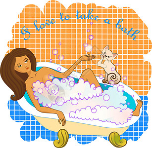 浴室的女人妇女洗澡女士治疗化妆品温泉动画片呵护场景浴缸气泡浴室设计图片