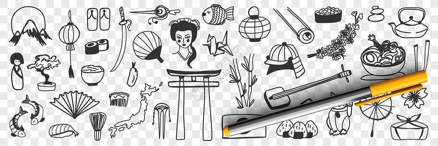 萨博尔日语传统符号图布doodle草图樱花绘画插图墨水多样性孩子铅笔手绘文化插画