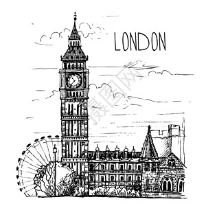 伦敦素描伦敦的Bigben 一张古明信片上的景观 素描 雕刻旅游首都插图纪念碑游客历史王国观光假期房屋插画