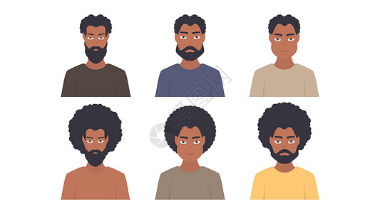 蛋卷头发型非洲裔美国人的画像 一组不同类型的有胡子和没有胡子的黑人设计图片