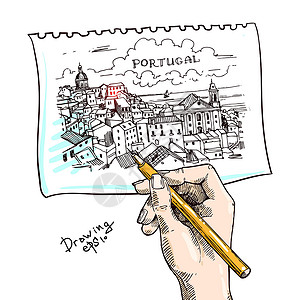 Lisbon 矢量插图城市文化铅笔城堡街道明信片景观平铺大教堂建筑学设计图片