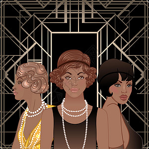 Retro时装 二十年代的魅力女孩非裔美国妇女 矢量插图 Flapper 20的风格 Vintage党邀请设计模板女性酒吧女士邀背景图片