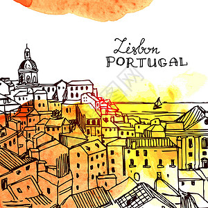 葡萄牙里斯本Lisbon 矢量插图教会艺术街道房子明信片场景天际草图地标墨水设计图片