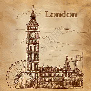 伦敦素描伦敦的Bigben 一张古明信片上的景观 素描 雕刻建筑学游客假期建筑首都插图王国旅游旅行时间插画
