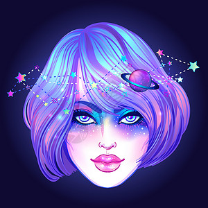 新宜居行星可爱的少女化着银河系的妆 染着紫色的头发和星星 星座 新艺术风格和可爱的哥特式风格 时髦 柔和的哥特 鲜艳的色彩化妆品行星十二生插画