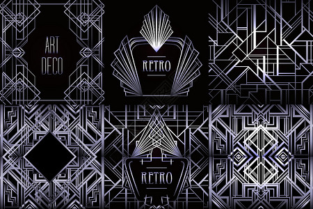 Art Deco 旧型图案和设计元素 retro党几何背景集1920年的风格 光学派对矢量说明邀请函婚礼框架卡片黑色钻石边界奢华背景图片