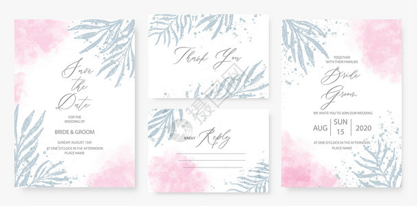 水彩色的婚礼邀请卡模板 装有绿色花岗花饰高清图片