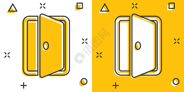 漫画风格的矢量卡通入口门图标 退出门概念插图象形文字 门口入口业务飞溅效果概念建筑学日志方法黄色房子办公室房间框架卡通片辞职背景图片