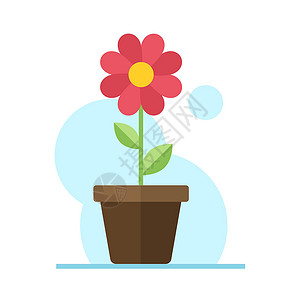 锅平插图中的红色花 颜色矢量图标 红花绿叶在盆栽矢量图中 花卉经营理念背景图片