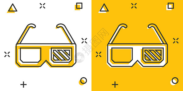 漫画风格的电影图标 电影卡通矢量插图在白色孤立背景上 3D玻璃杯飞溅效果商业概念镜片娱乐乐趣立体声技术转换眼睛光学塑料闲暇背景图片