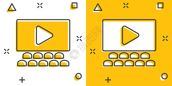 黄色场记板素材漫画风格的电影图标 白色孤立背景的电影卡通矢量插图 电影院飞溅效应商业概念 笑声场景卡通片座位相机隔板剧院导演屏幕节日推介会插画