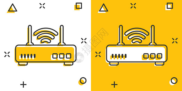 路由器连接漫画风格的 Wifi 路由器图标 白色孤立背景上的宽带卡通矢量插图 互联网连接飞溅效应商业概念电脑数据办公室信号技术天线卡通片网设计图片