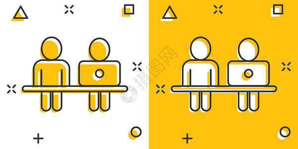 具有漫画风格的笔记本电脑图标的人 Pc 用户卡通矢量插图 以白色孤立背景显示 办公室经理喷洒效果商业概念黄色操作员团队女士卡通片背景图片