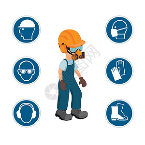 整体图携带个人防护设备和安保图标的工人和或建造承包商头盔插图男人服务领班事故危险眼镜设计图片