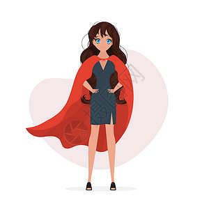 穿着办公室风格衣服的女商务人士 穿着红色斗篷的现代女商务人士像超级英雄 性格开朗的卡通人物 白色背景上的矢量图营销企业家成功职员背景图片