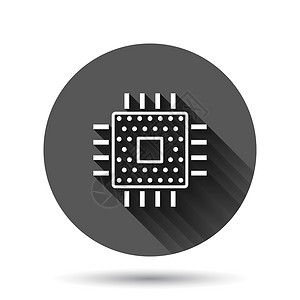 打高尔平面样式的计算机 cpu 图标 具有长阴影效果的黑色圆形背景上的电路板矢量图解 主板芯片圆圈按钮经营理念技术母板工程科学半导体打设计图片