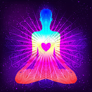 轮瑜伽脉轮概念 内心的爱与和平 在莲花位置的佛剪影在五颜六色的华丽坛场 孤立的矢量图解 佛教深奥的图案女孩瑜伽愈合冥想精神治疗彩虹灵气插画