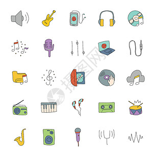 音乐UI音乐手绘线性涂鸦孤立在白色背景上 用于 web 和 ui 设计 移动应用程序和印刷产品的音乐图标集音符手绘按钮界面玩家卡通片喇叭设计图片