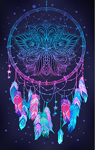 曼海蒂手绘有羽毛和月亮的美洲印第安人护身符捕梦网 在白色上孤立的矢量时髦插图 民族符号坡度蓝色捕手打印魔法草图潮人纺织品海报装饰品插画