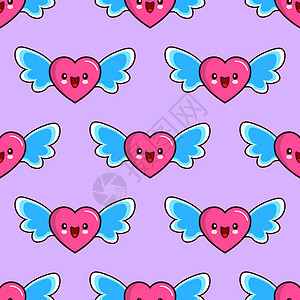 无缝无缝的微笑红心模式 紫色背景矢量上的翅膀 壁纸织物 说明情人节之爱背景图片