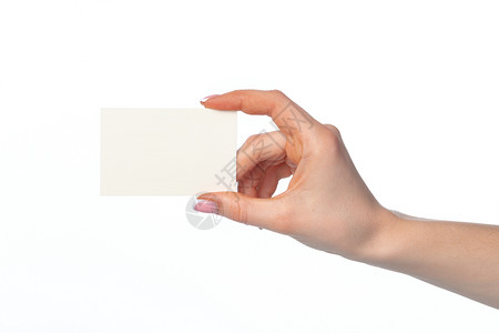 女性手持空白白白名片 孤立在白色上拇指角落广告文档成功礼物优惠券棕榈营销销售量背景图片