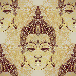 佛头无缝的图案 古代装饰成分 印度人 佛教 神学 瑜伽 灵性 矢量插图金子冥想活力打印橙子佛陀上帝织物雕像信仰插画