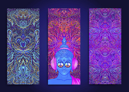 卡佛瑜伽卡 传单 海报 垫子设计 用于精神静修或瑜伽工作室的彩色霓虹灯模板 观赏名片 东方模式 矢量图绘画旅行卡片宗教装饰品派对活力插画