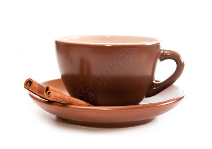 含肉桂的陶瓷咖啡杯甜点白色咖啡茶点杯子小吃美食早餐背景图片