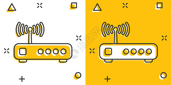 黄色信号漫画风格的 Wifi 路由器图标 白色孤立背景上的宽带卡通矢量插图 互联网连接飞溅效应商业概念卡通片信号技术黄色电脑网关无线网络设计图片