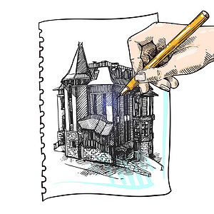 居室草图插图房子建筑住房住宅素描房屋窗户图纸财产大厦背景图片
