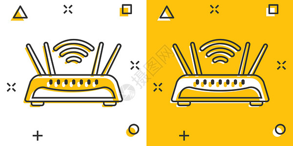 漫画风格的 Wifi 路由器图标 白色孤立背景上的宽带卡通矢量插图 互联网连接飞溅效应商业概念电脑技术无线信号数据天线卡通片黄色设计图片
