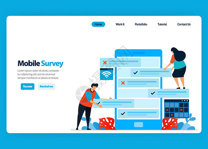 UI网页用于在线调查和考试的登陆页面设计 使用移动调查应用程序审查客户满意度和用户评级 模板 ui ux 网站 移动应用程序 传单 小册插画