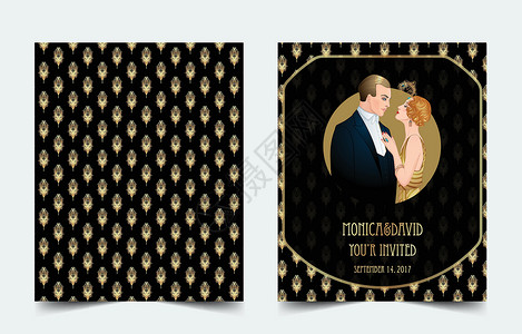 婚礼电影Flapper 20 年代风格 复古派对或主题婚礼邀请设计模板 装饰艺术风格的美丽情侣 二十多岁的复古时尚魅力男人和女人女士横幅插画