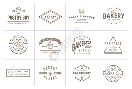 面包店logo一组矢量烤烤糕饼元素和面包图标说明可用作保费质量的Logo或图标厨房潮人滚动店铺小麦蛋糕柱塞海豹收藏羊角插画