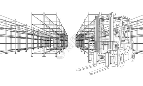 仓库架货架和叉车生产加载仓库卡车工业液压拖拉机送货蓝图力量背景图片