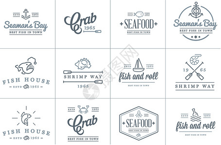 餐厅LOGO一套矢量海食物元素和海标志说明可用作保费质量的Logo或图标餐厅酒吧菜单食物美食咖啡店商业螃蟹房子海豹插画